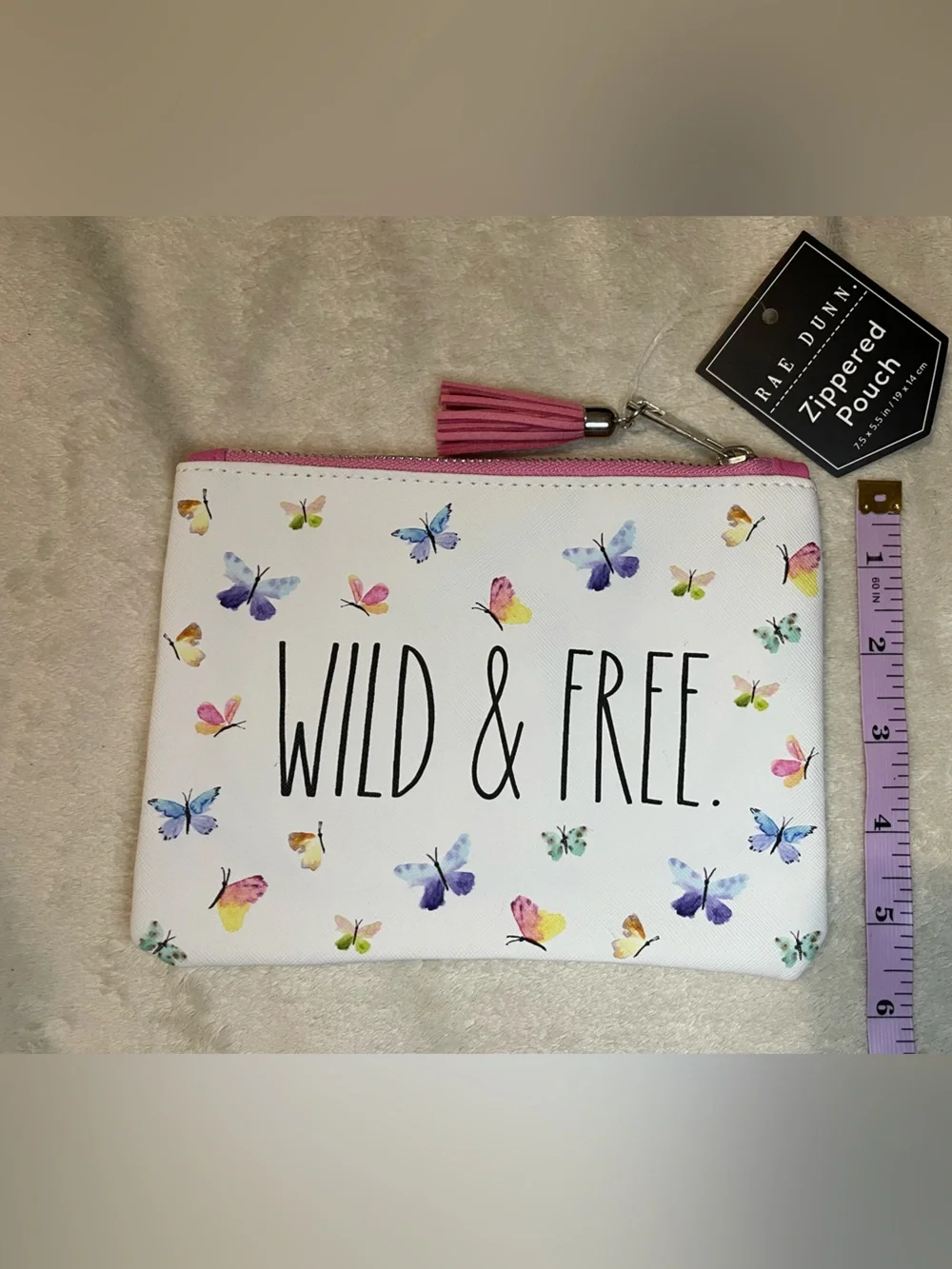 Rae Dunn White Butterfly Zip Pouch with Pink Tassel